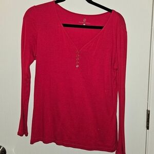 New York & Company Fuchsia Long-Sleeve V-Neck Henley Top